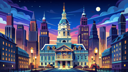 Obraz premium Very beautiful nighttime portrait of Philadelphia City Hall illuminated against the dark sky, glowing architectural details creating a dramatic and elegant focal point within the vibrant downtown atmo