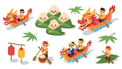 Fototapeta premium dragon boat festival set with hand drawn cartoon boats rice dumplings lanterns and paddlers illustration