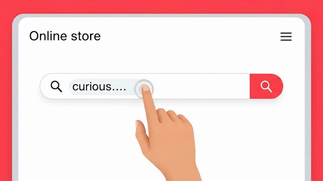 Hand points to button on search bar 'curious' within an online store interface