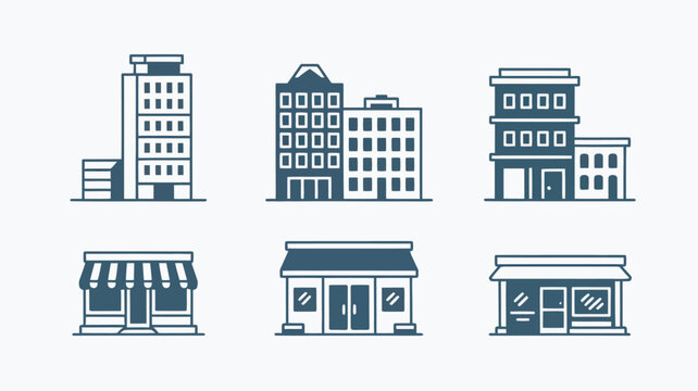 A collection of modern city buildings and shops in a simple line style illustration