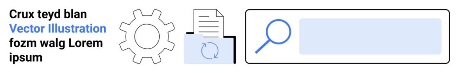 Obraz premium Data management, search optimization, automation, document organization, workflow efficiency, digital tools. Gear, file icon text and search bar are . Data management and search optimization