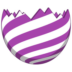 Cracked eggshell with purple stripes, broken hollow container, comic style shell, holiday decoration, seasonal object