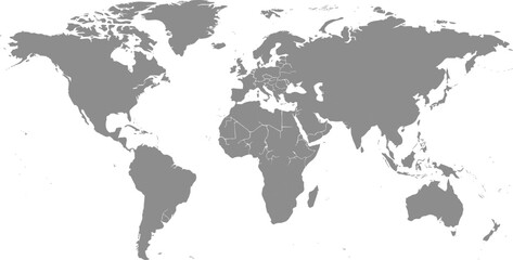 Obraz premium Grayscale political world map vector illustration showing continents and outlined country borders, global geography educational design for international studies collection