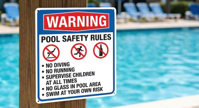 Clear white blue red pool safety rules sign is prominently displayed on a wooden post next to a sparkling blue swimming pool with blurred lounge chairs in the background