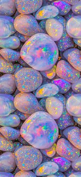 A mesmerizing collection of vibrant opal stones with iridescent and multicolored specks, creating a dreamy and magical atmosphere.