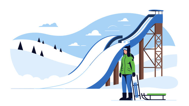winter sledding hill with snowboarder dressed in green jacket and blue pants hand drawn vector illustration