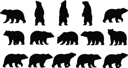 Obraz premium Fifteen black bear silhouettes in diverse poses including standing, walking, and looking, arranged in three rows, isolated on white background for wildlife, nature, and design projects