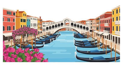 venice canal with gondolas colorful buildings and rialto bridge vector illustration