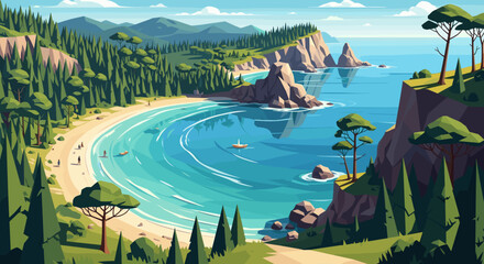 coastal bay with sandy beach cliffs and pine trees in hand drawn style scenic landscape illustration