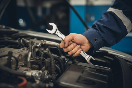 A mechanic's hand holding a wrench in a car engine compartment