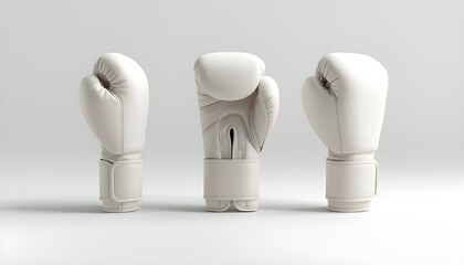 Three white boxing gloves are arranged in a row on a plain background