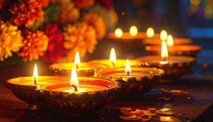Traditional Diwali Diyas with Warm Festive Glow