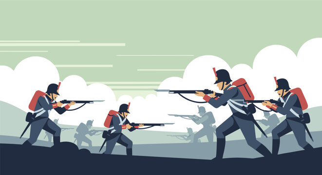 historical soldiers firing rifles with bayonets in a battle scene flat illustration
