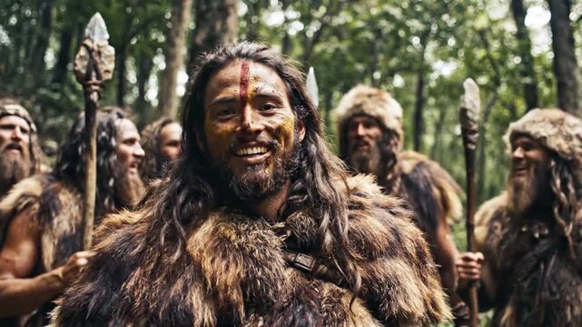 Happy primitive tribe gathered in forest holding spears, smiling and looking at camera, demonstrating unity and camaraderie during prehistoric times, cinematic slow motion
