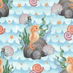 A seamless watercolor pattern featuring a seahorse against a backdrop of ocean waves © Anna Bastron