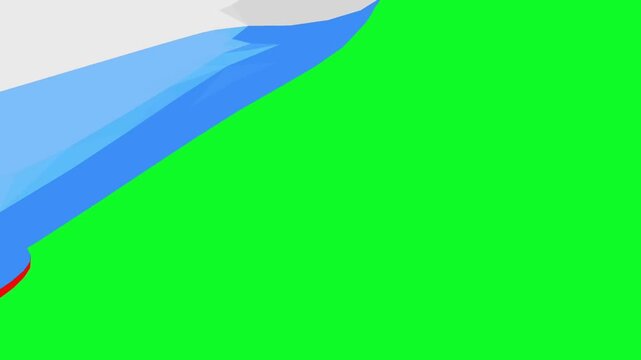 Detailed close up animation of a cartoon airplane flying across a black background into a bright green screen with white smoke