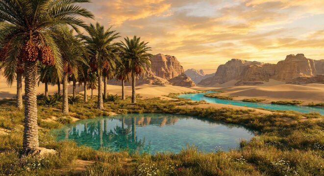 Lush green palm trees with ripe dates stand by a tranquil blue oasis pond and winding river in a vast desert landscape under a golden sunset sky