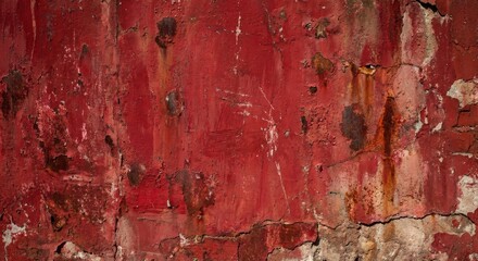 Obraz premium Distressed, vibrant red painted concrete wall exhibits a rich, aged texture with peeling paint, deep cracks, and visible rust stains, creating a rugged, weathered surface