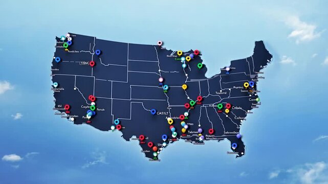 United States Map with Colorful Pins.