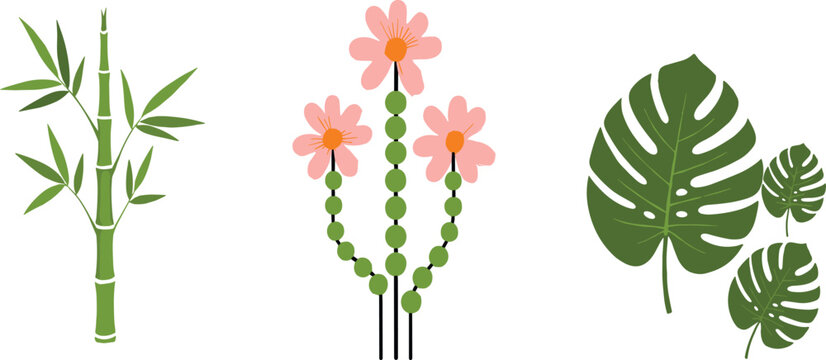 Tropical botanical elements with bamboo, monstera leaves and decorative flowers in flat vector illustration for natural design, spa branding and summer background.