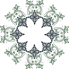 Fototapeta premium Luxury Octagonal Ornate Frame with Sage Green Baroque Scrollwork and Navy Blue Filigree Emblems on White Background