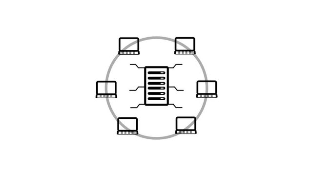 Abstract teal network diagram icon with six laptops connected concept. Mesh topology icon, This hierarchical network topology on white background.