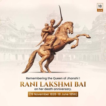 Rani Lakshmi Bai on her death anniversary (June 18), featuring her iconic bronze statue on horseback.