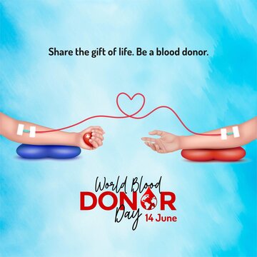 World Blood Donor Day promotion for June 14, featuring two connected arms forming a red heart-shaped line against a light blue watercolor background.
