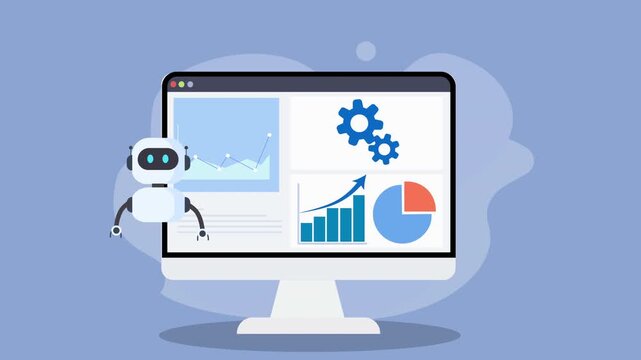 Animated flat vector illustration of an AI analytics dashboard on a desktop monitor with line chart, business graphs, and a friendly robot assistant symbolizing automation and data analysis technology