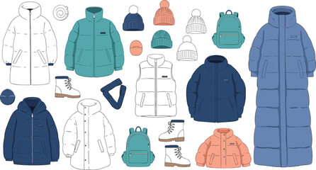 Winter clothing collection with puffer jackets coats hats boots and backpack for cold weather fashion outfit apparel and seasonal shopping design. © MstSuborna
