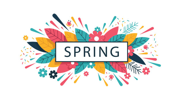 Vibrant spring banner features the word spring surrounded by colorful flowers, leaves, and festive sprinkles for a seasonal celebration.