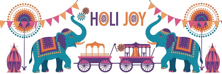 Fototapeta premium Vibrant holi celebration with elephants and cart