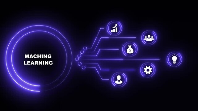 Neon Red Machine Learning Concept with Business Icons and Data Flow on Black Background technology