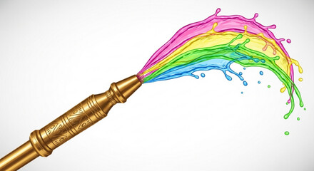 Vibrant rainbow paintbrush stroke with colorful splashes on white background symbolizing creativity and art © Zoo