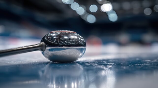 Close-up of a curling stone gliding across the ice during a competitive match