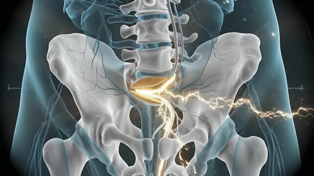 Detailed 3D animation of human sacral plexus nerves and vertebrae showing electrical impulses originating from the spine and branching into the