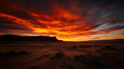 Fiery Sky Sunset: A mesmerizing sunset paints the sky with fiery hues, casting a warm glow over a rugged landscape, as the day transitions into the tranquility of twilight. 