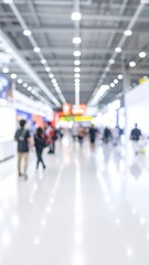 A blurry image of people walking in a large, brightly lit hall