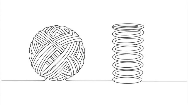 Continuous line drawing of yarn ball and crochet hook on white background