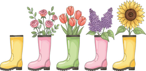 Colorful rubber boots with spring flowers arrangement in flat vector illustration for gardening concept, seasonal decoration, greeting cards and home decor design. © MstSuborna