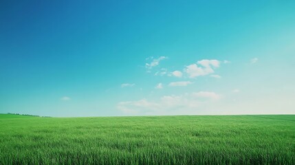 Obraz premium A vibrant summer landscape featuring a lush green grass meadow under a bright blue sky with white clouds over a rural field horizon
