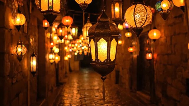 Dimly Lit Alleyway with Hanging Lanterns at Night.