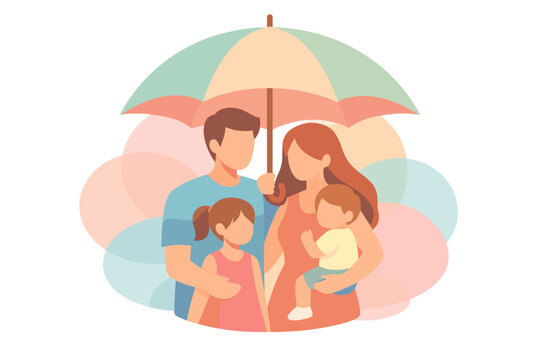 Happy family protected under a colorful umbrella illustration.