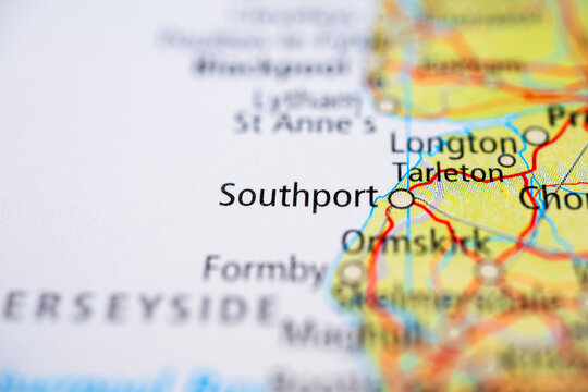 Southport coastal town on detailed road map of northwest England symbolizing travel and navigation.