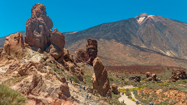 Tourists Walking on Roques de Garcia Trail in Teide National Park, Tenerife with Copy Space
