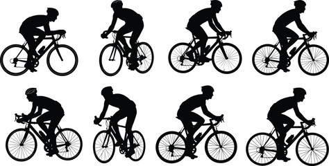 Cyclist silhouette illustration, bicycle rider vector, sports action design, cycling posture variations, bike ergonomics, athletic movement, dark blue silhouettes, cycling icons, sports training set © MDMUNTASSER