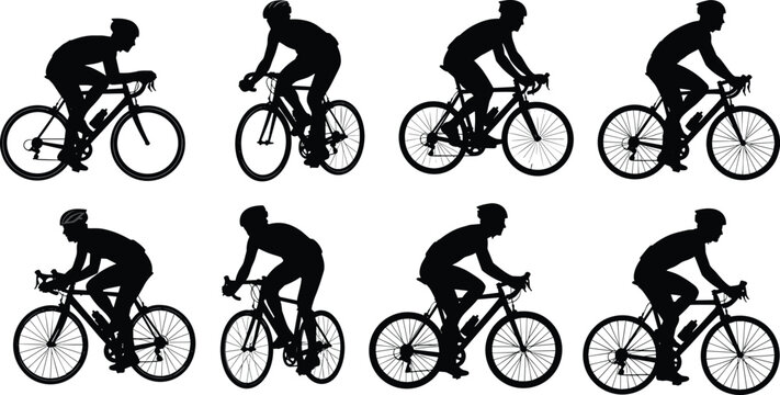 Cyclist silhouette illustration, bicycle rider vector, sports action design, cycling posture variations, bike ergonomics, athletic movement, dark blue silhouettes, cycling icons, sports training set