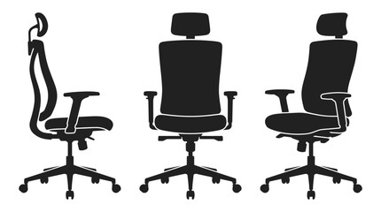 Modern Office Chair Silhouette Set &ndash; Ergonomic Seating Icons Featuring Swivel Base, Adjustable Armrests, and Headrests for Workplace Graphics and Furniture Design Projects
