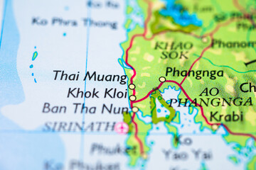 Phang Nga and southern Thailand coastal region printed atlas map.