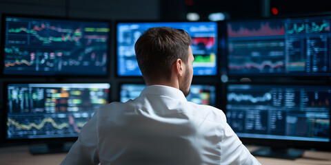 Market analysis economic outlook and recession risk in financial trading trading floor data visualization professional environment analyst perspective